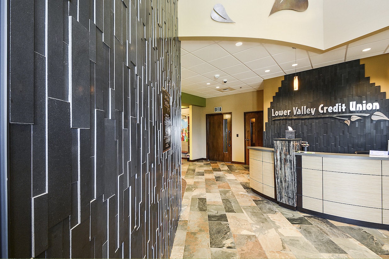 Feature Wall in Lobby of Bank showing the dimensionality of stacked stone veneer panels